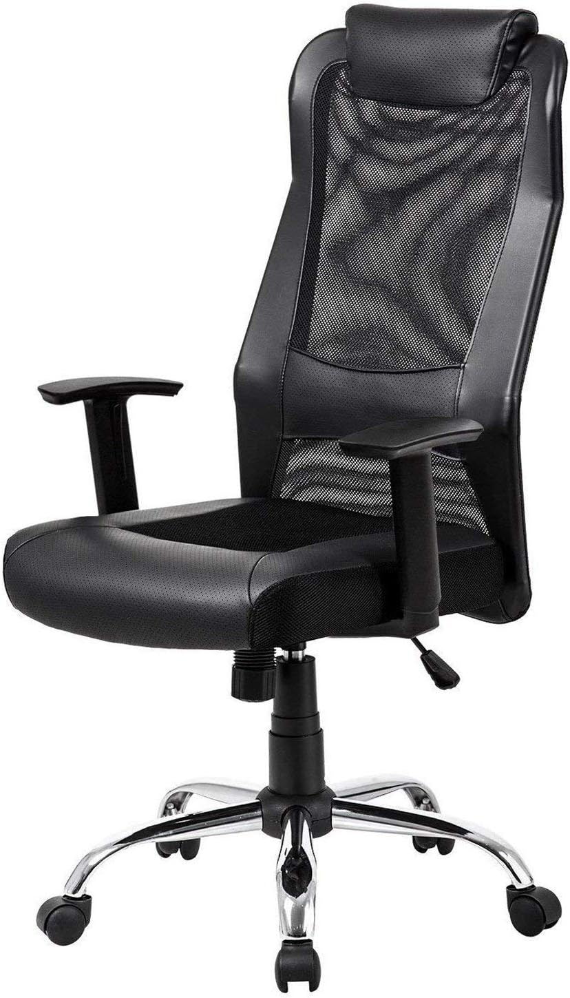 Mesh Office Chair High Back – Padded Leather Headrest Design of Computer Desk Chair with Adjustable Armrest and Lumbar Support Color Black
