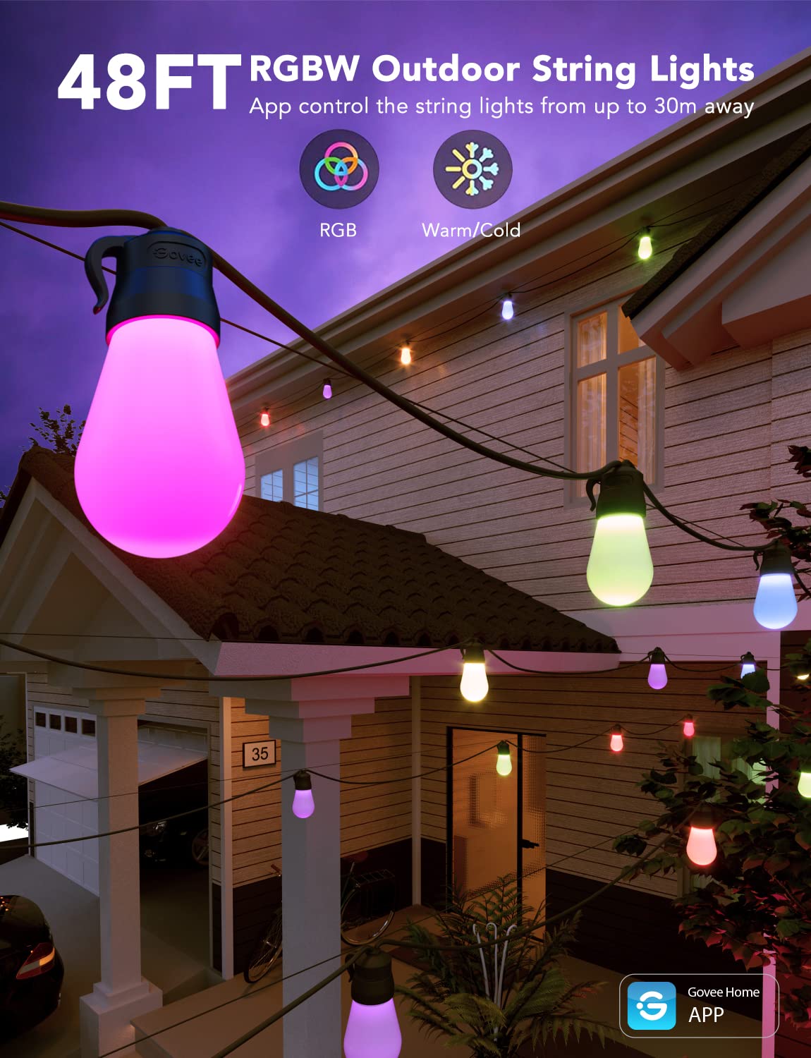 Govee Outdoor String Lights H7015 with 15 Dimmable RGBIC LED Bulbs