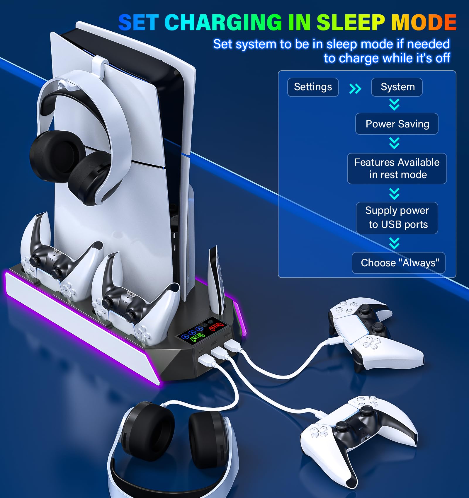 PS5/PS5-Slim-Cooling-Station-with-Controller-Charging-Station for PlayStation 5 Console Disc/Digital, LED RGB Light Cooling Stand with Cooler Fan for PS5 Accessories with 3 USB Hubs/Headset Holder
