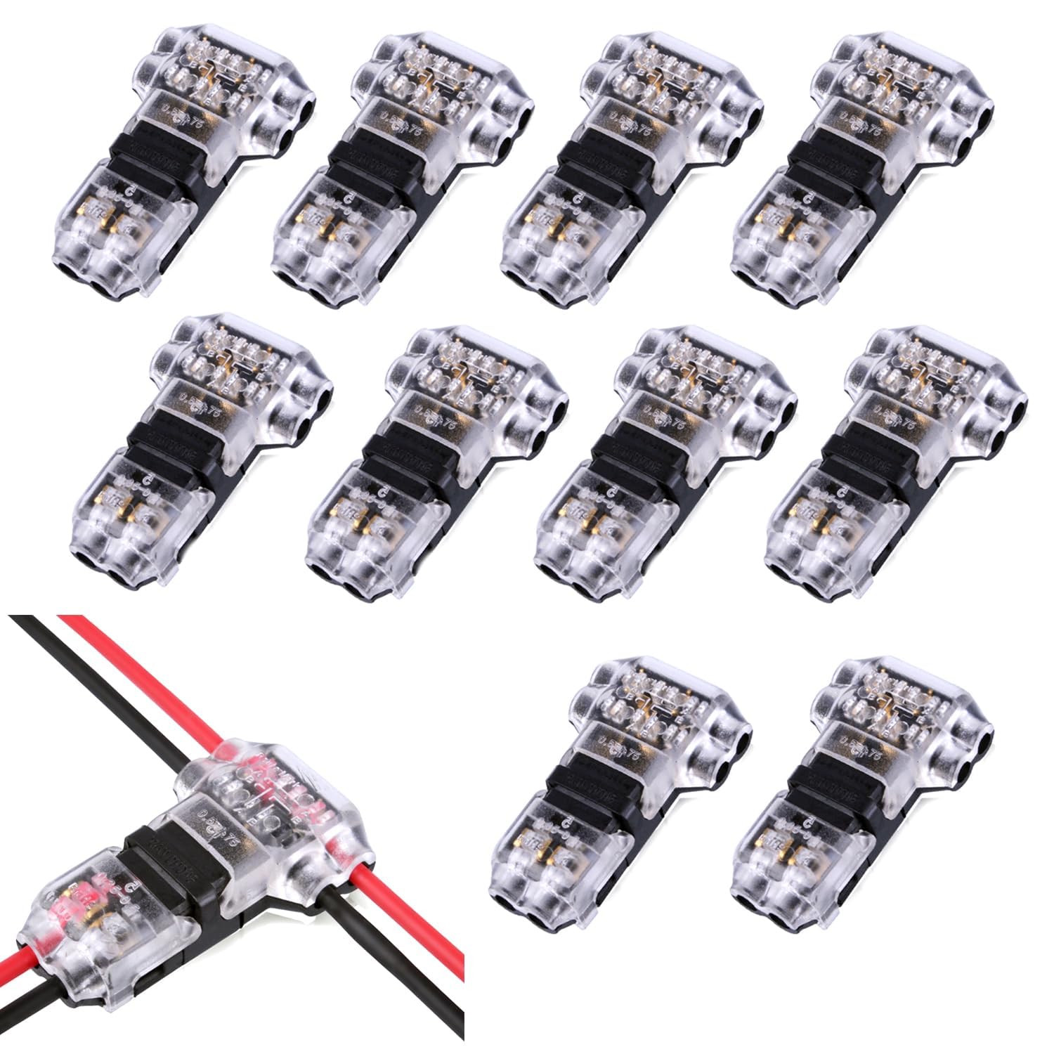 PERSENTU 10Pcs Wire Connector, T Type No Strip Quick Splice Terminals Connectors,Low Voltage T Tap Connectors 2 Pin 2 Way Quick Splice Wire Connectors Solderless LED Wire Connectors, for 18-22 AWG