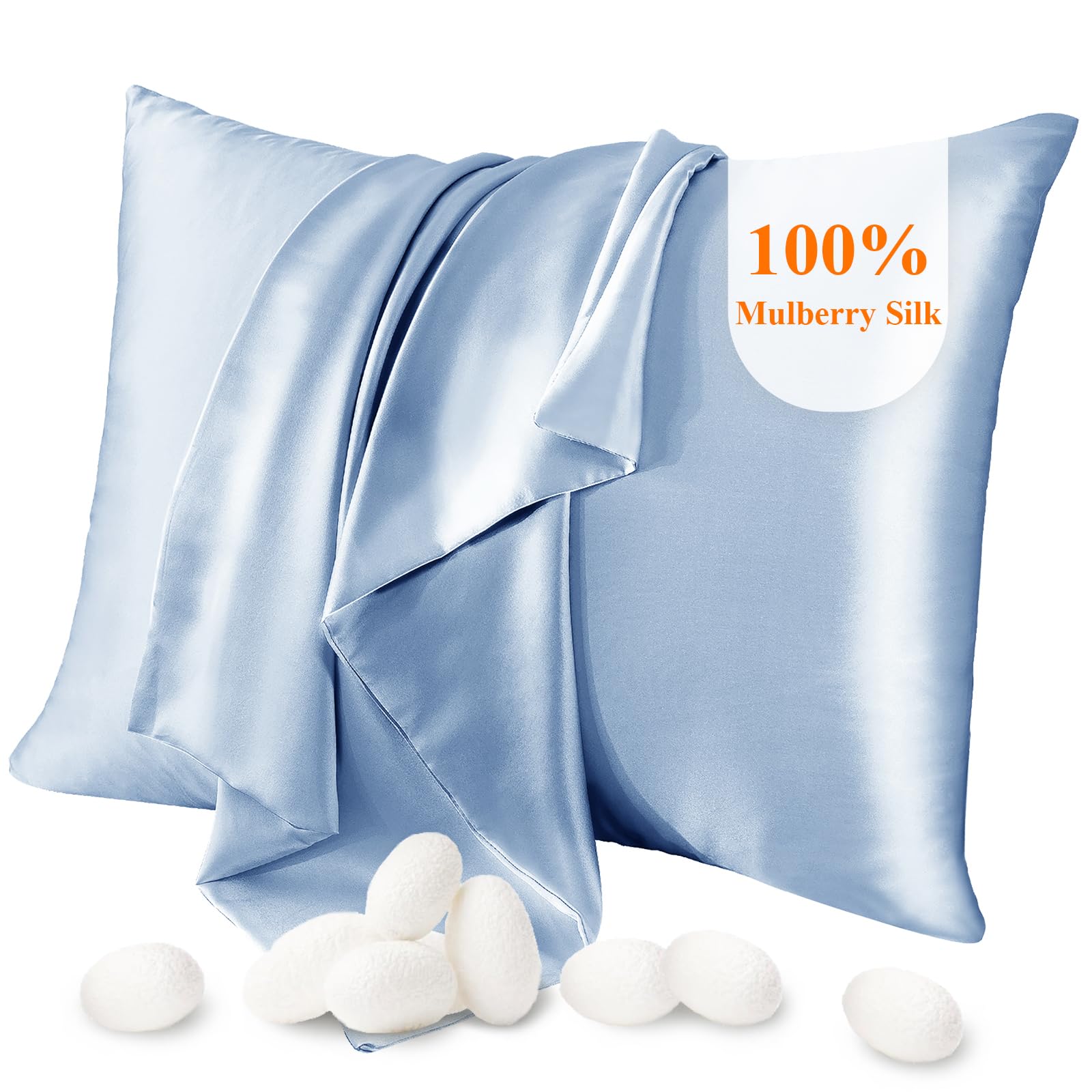 Jaciu 100% Silk Pillowcase for Hair and Skin, Pillow Cases Both Side Mulberry Silk Pillowcases 21 Momme 600 Thread Count Hidden Zipper Smooth Soft(Light Blue, Standard 50x66cm,1pcs）