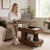 Small Lift Top Coffee Table with Wheels, Solid Wood Table with Storage | Lift top coffee table with hidden storage, rotating tabletop and wheels, designed for small spaces with no assembly required.