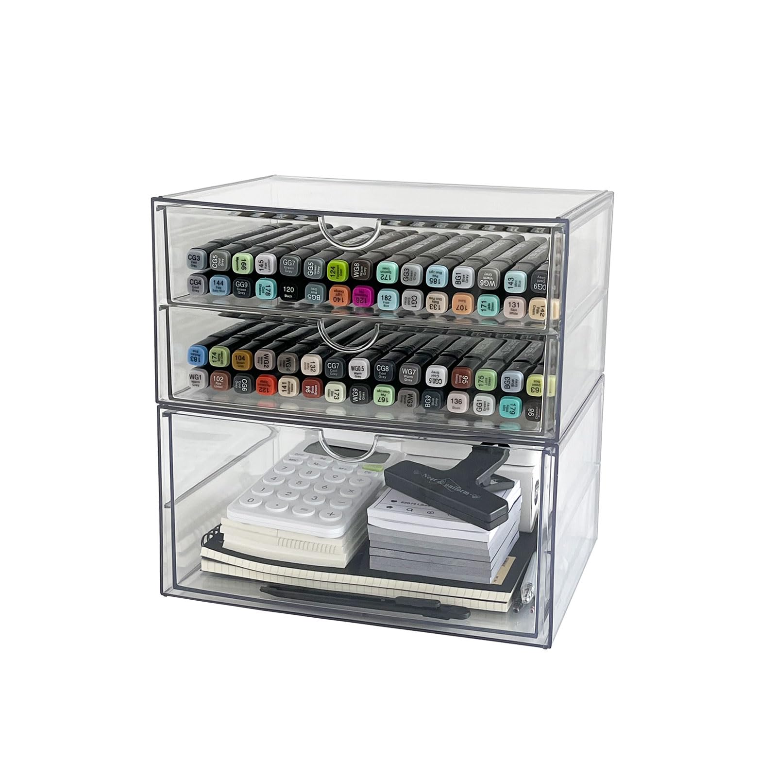 Photo 1 of NINEWEEN Clear Desk Drawer Organizer, 2 Pack Plastic Home Office Accessories Storage Box for Marker, Cards, Stationery, Crafts, Makeup, Bathroom Supplies, Coffee Pods, Pet Snacks (3 Drawers)