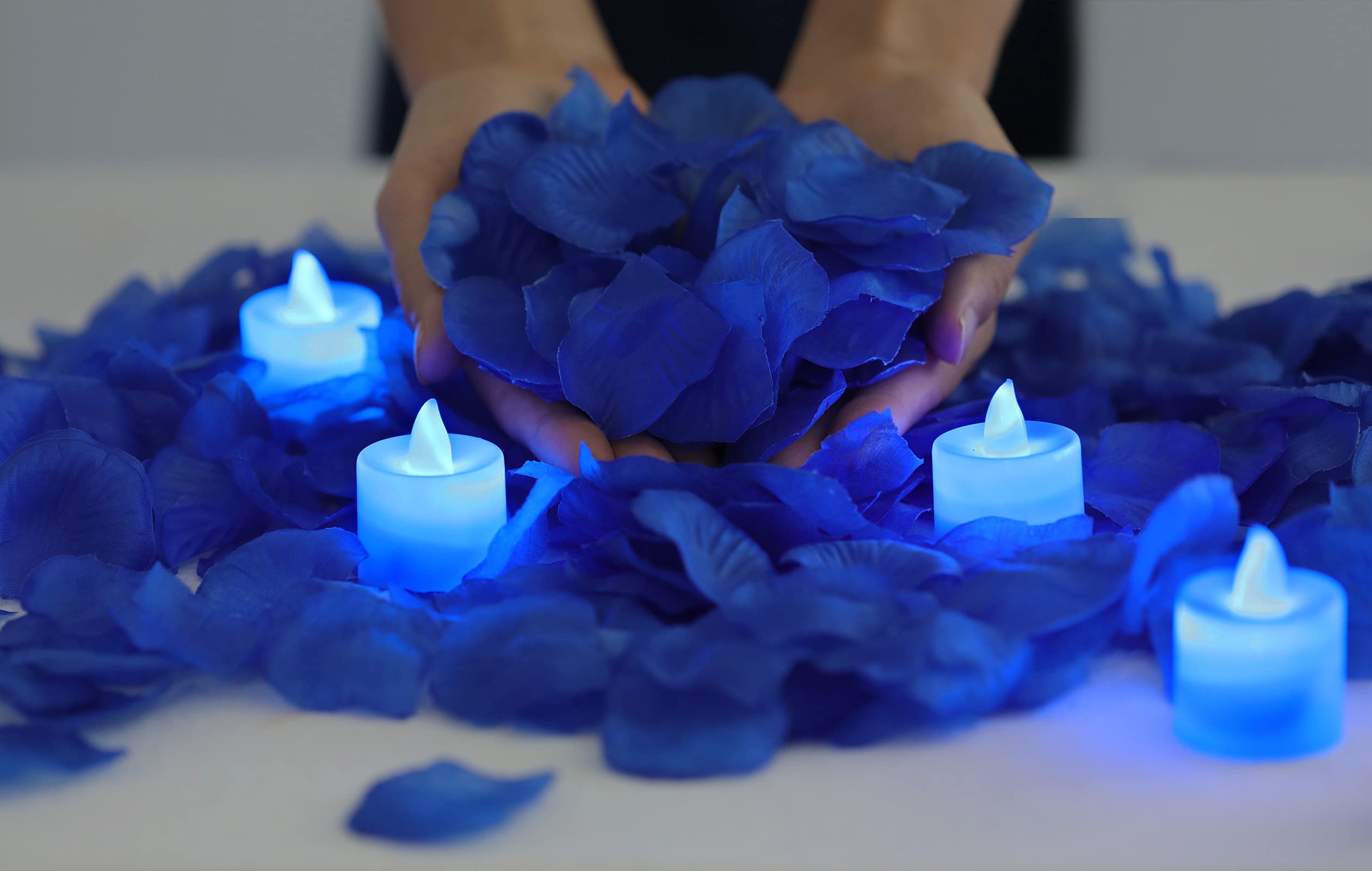 Photo 1 of (NO LIGHTS) LANKER 500 PCS Blue Artificial Rose Petals with 24 PCS Bright Flickering Blue Flameless LED Tea Lights Candles (Blue Lights with Blue Rose Petals)