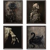 NaZaUK Dark Academia Wall Art Set of 4, Gothic Wall Decor, Black Rose Print, Memento Mori Decor, Dark Botanical Artwork, Victorian Gothic Decor for Bedroom Living Room 8x10in