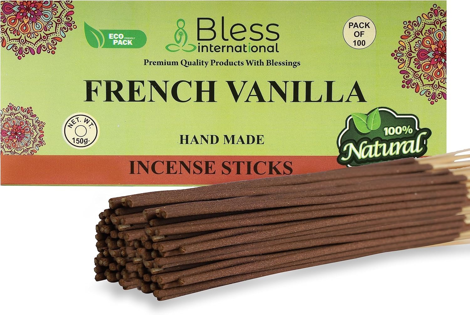 Bless-FRENCH-VANILLA-Incense-Sticks 100%-Natural-Handmade-Hand-Dipped-Incense-Sticks Organic-Chemicals-Free For-Purification-Relaxation-Positivity-Yoga-Meditation Best-Woods-Scent (100 Sticks(150GM))