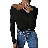 Verdusa Women's Off The Shoulder Wrap Tops Ruched Long Sleeve Slim Fit T Shirts