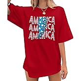 Women Oversized America Flag Shirt: Retro 4th of July Shirts Patriotic T-Shirt USA Shirt Memorial Day Short Sleeve Top