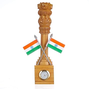 GiftingTree Handicrafted Wooden Ashoka Pillar Watch Stand with National Flag | Brown
