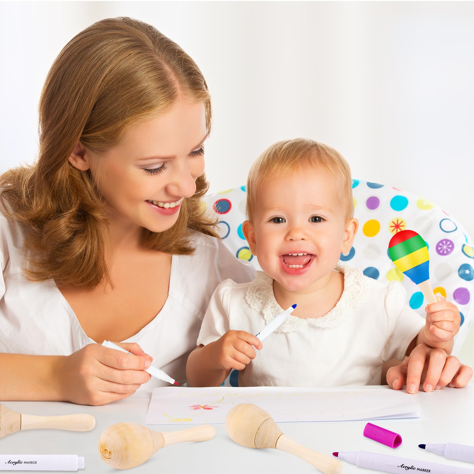 20Pcs DIY Wooden Maracas for Kids, Mini Maracas for Mexican Fiesta Party Favors with 12Pcs Multicolor Pens, Cinco De Mayo Party Supplies