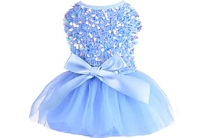 DAFUEN Dog Sweater Dress for Small Dogs Girl Fall Winter Fleece Warm Puppy Dresses Clothes Outfit Apparel Cute Sequins Bowknot Pet Skirt for Cats Holiday Doggie Wedding Dress Coats (X-Small, Blue)