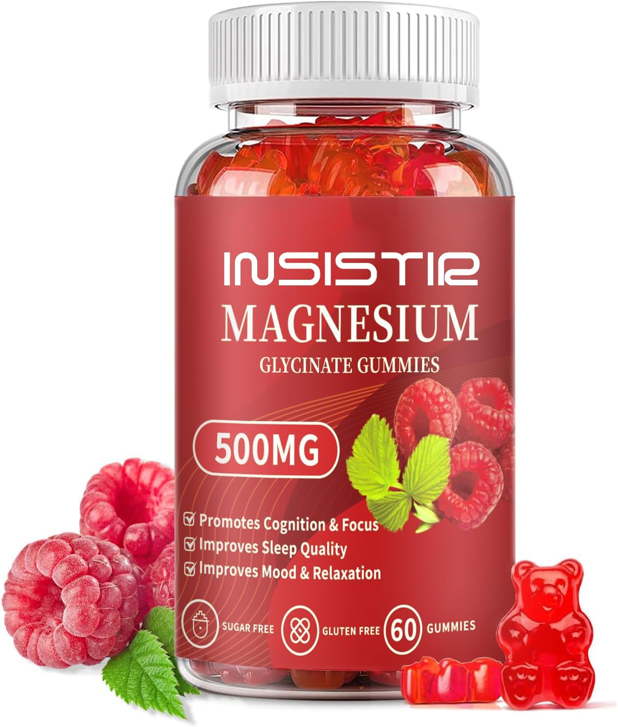 Magnesium Glycinate Gummies 500mg - Sugar Free Chelated Magnesium Potassium Supplement with Vitamin D, B6, CoQ10 for Relaxation, Calm Mood & Sleep Support - 60 Raspberry Gummies