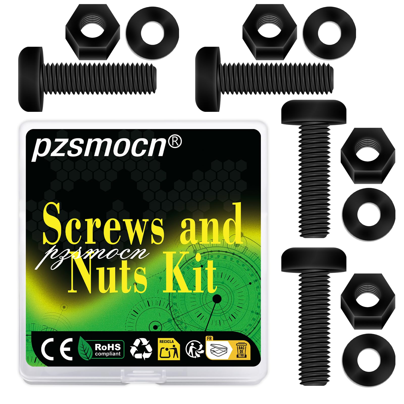 Pzsmocn 300 Pieces/100 Sets M4*20 mm Plastic Black Nylon Cross Round Head Screw Hexagonal Nut Combination Kit, with Insulating Washers, Standard Size, For DIY and Electronic Assembly.