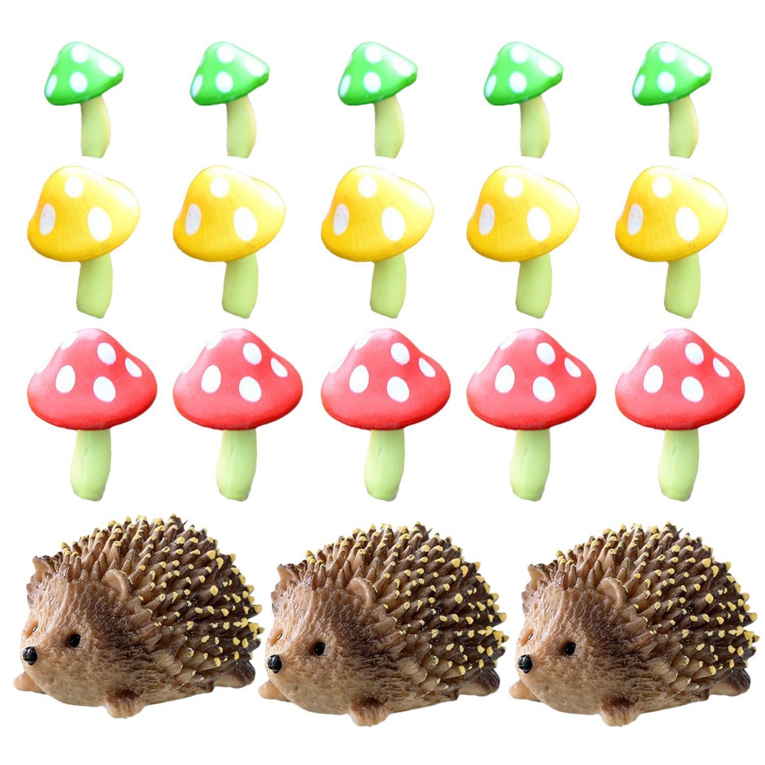 EOWVISN 3 Hedgehog Ornaments, 15 Mushroom Ornaments, Mini Tabletop Ornaments, Garden Landscape Ornaments, Props And Accessories, Garden Accessories