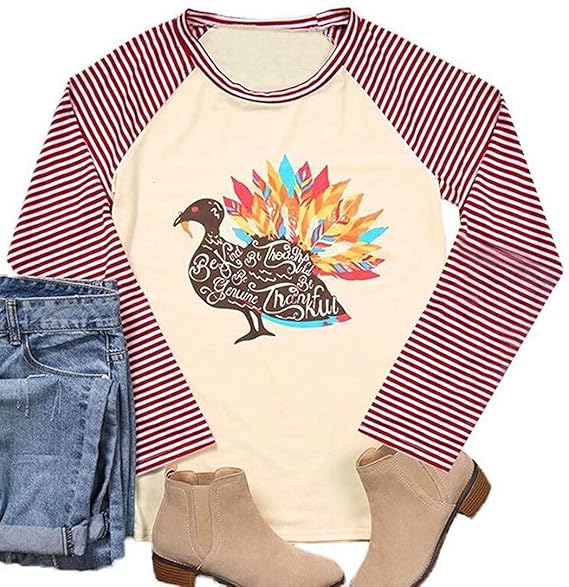 Thanksgiving Shirt Women Funny Turkey Graphic Stripe Splicing 3/4