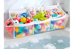 Criusia Extra Large Bath Toy Organizer with 3 Compartments and Multiple Pockets, Quick-Dry Mesh Bathtub Storage for Kids' Toys