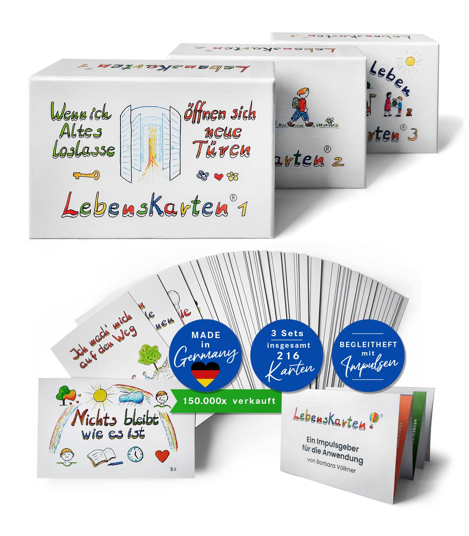German-language Lebenskarten life cards 1 and 2, twin pack, 144 cards in business card size