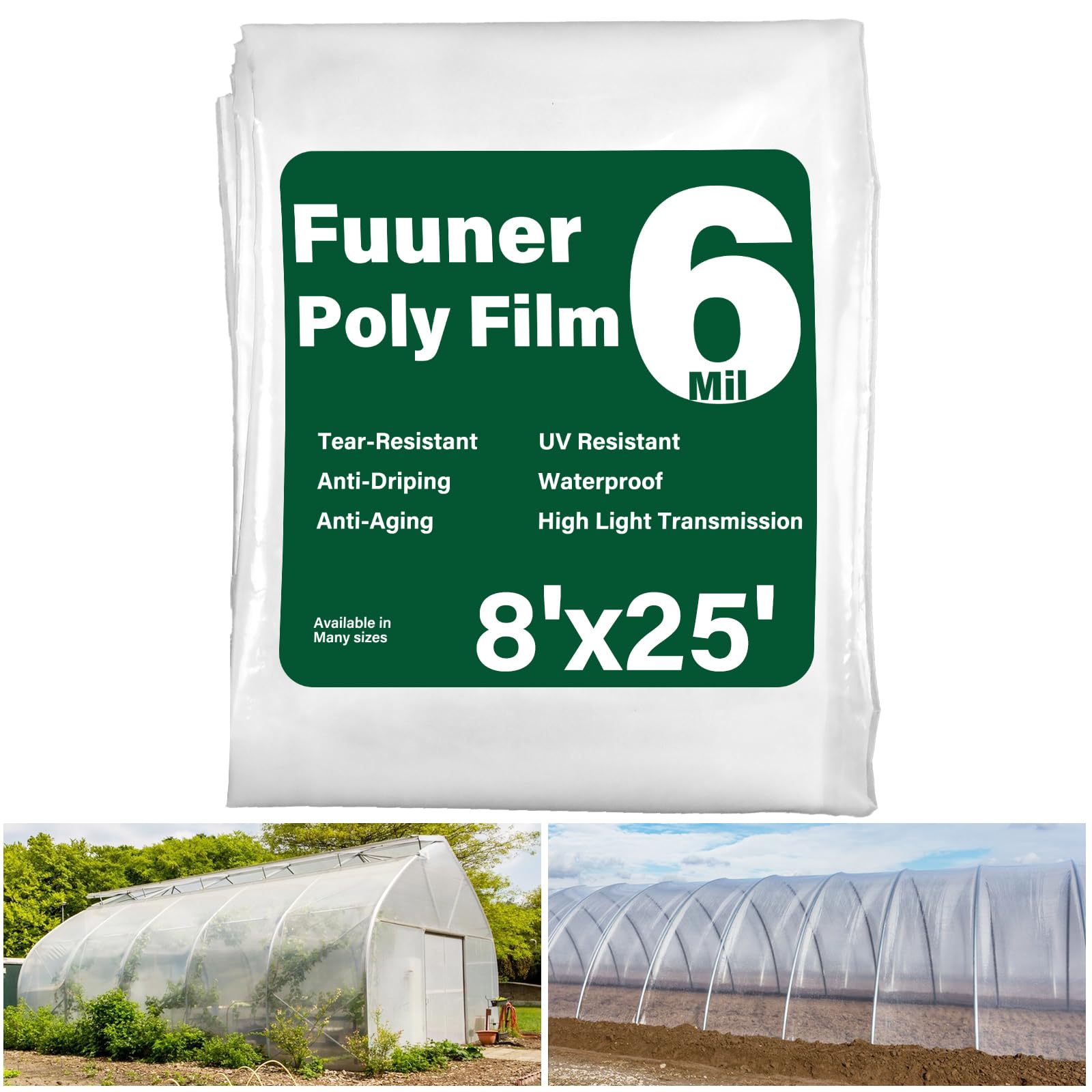 Fuuner Greenhouse Plastic Sheeting 6 Mil, 8 x 25 FT