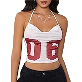 MakeMeChic Women's Y2k Jersey Shirts Letter Print Top Halter Top Draped Tie Backless Lace Up Tank Crop Tops