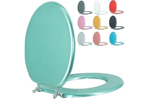 BLOFDE Round Toilet Seat Wood Toilet Seat Prevent Shifting with Zinc Alloy Hinges American Standard Size Toilet Seat Easy to Install also Easy to Clean(Round,Sparkling Turquoise)