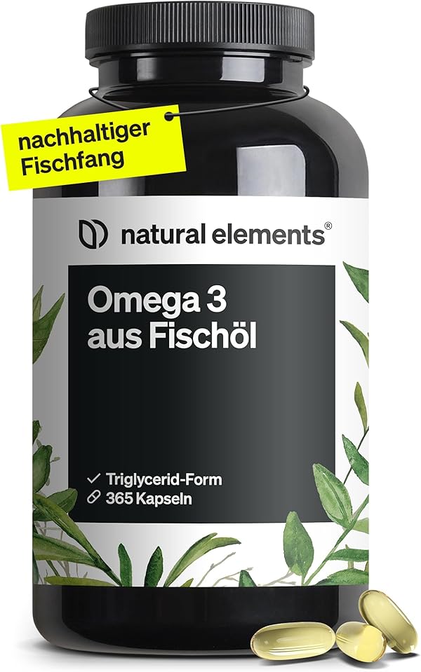 natural elements Omega 3 – 365 Kapseln – 2000mg Fischöl pro Tagesdosis – mit EPA und DHA in Triglycerid-Form – Laborgeprüft, aufwendig aufgereinigt und aus nachhaltigem Fischfang