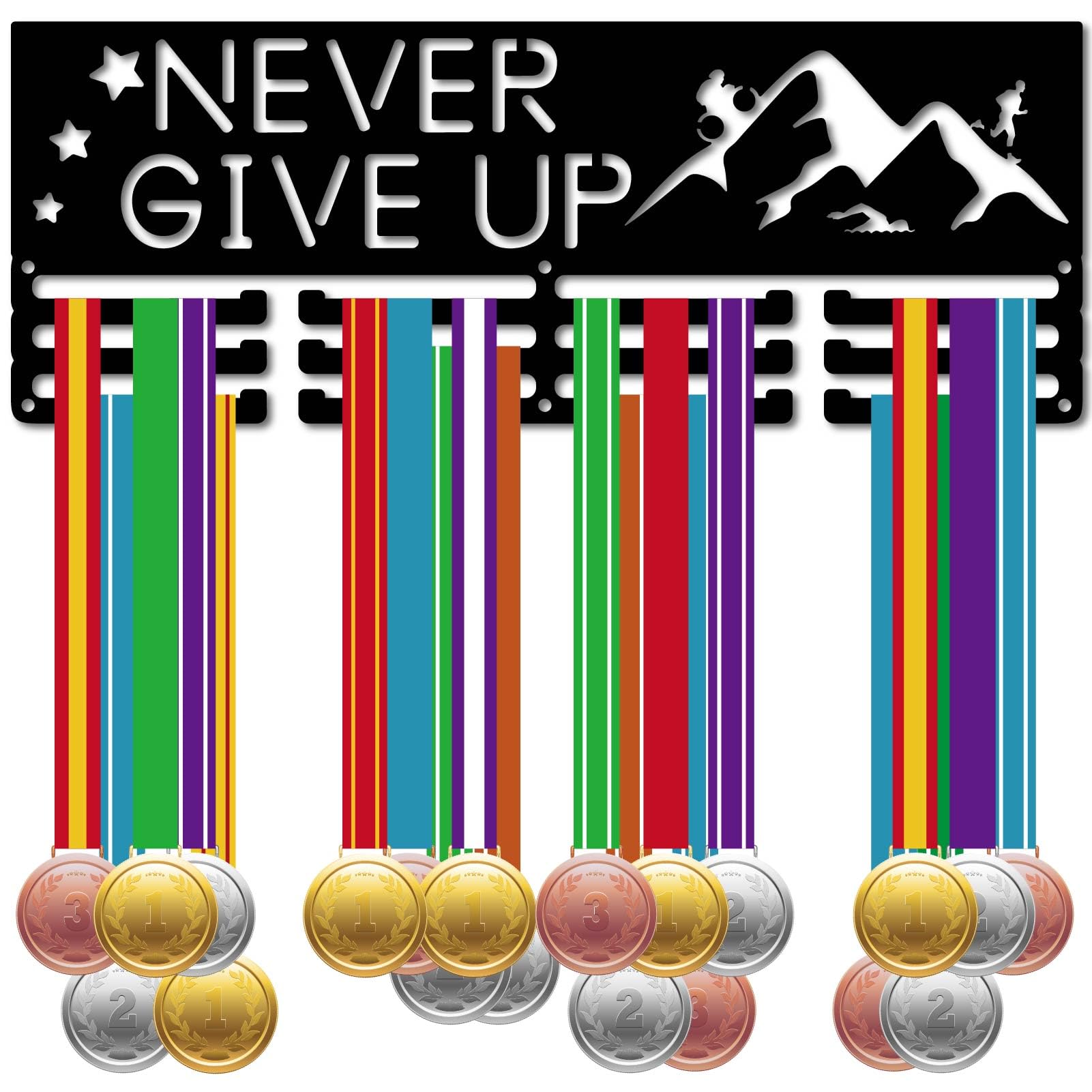 CREATCABIN Never Give Up Medal Holder Display Medal Hanger Rack Wall Mount Frame Decor Sports Medal Hangers Organizer for Hanging Over 60 Medals Soccer Running Swimming Marathon Awards 15.7 x 5.9Inch