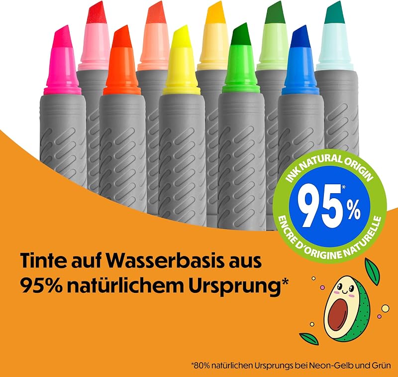 4 Colours Decors Kawaii-Reihe Druck-Kugelschreiber mit mittlerer Spitze (1,0 mm) in lustigen Titenfarben + BIC Highlighter Grip Decors mit Keilspitze – verschiedene Kawaii-Designs, Packung à 2+2