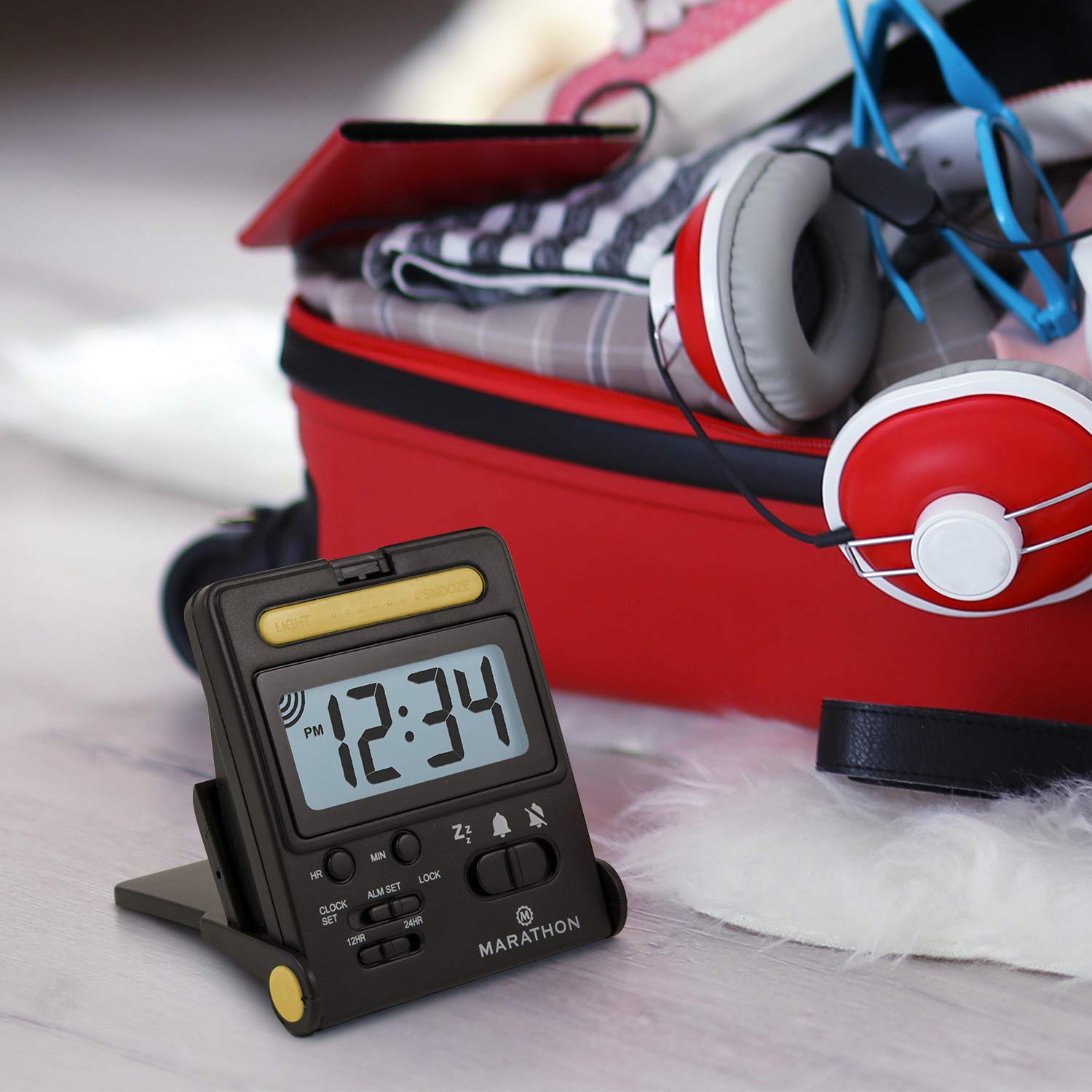 MARATHON Foldable Compact Travel Alarm Clock With Locking Mechanism on