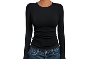AUTOMET Women's Ribbed Long Sleeve Basic Top - Soft Stretch Crewneck Shirt for Work & Casual