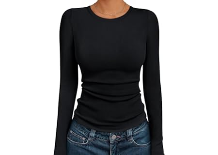 AUTOMET Women's Ribbed Long Sleeve Basic Top - Soft Stretch Crewneck Shirt ...