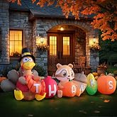 Domkom 8FT Thanksgiving Inflatable Turkey Raccoon Thanks Sign Lawn Decor | 8FT Turkey &amp; Raccoon Spelling THANKS with Apple, Acorn &amp; Pumpkin. Built-in LEDs, 210T Fabric, Fast Blower &amp; Stakes.