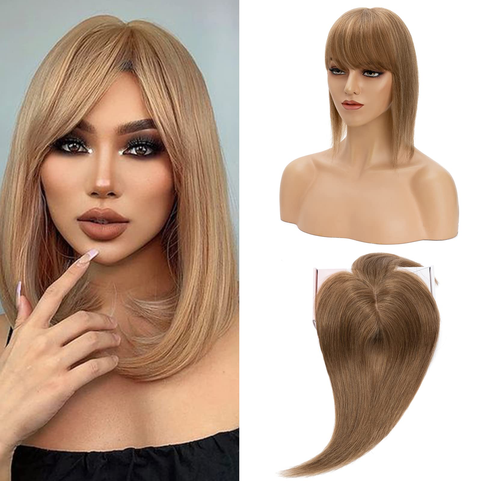 S-noilite Human Hair Toppers With Bang for Thinning Hair Women Real Hair Topper Clip In Hair Extensions 100% Remy Real Human Hair 53g（#6 Light Brown, 18 Inch) — image 1