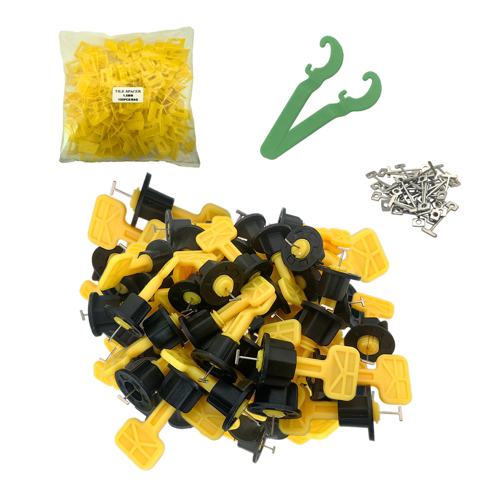 Photo 1 of 1/16" Tile Leveling System kit, 100pcs Reusable Pro Grade Tile Levelers, 2pcs Wrenches, 100pcs 1.5mm Tile Spacers, 50pcs Replaceable Stainless Steel T-Pin, Wall/Floor Tile Sewing Leveling Tools Set