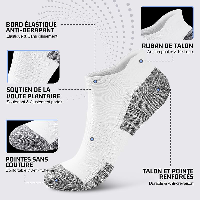 10 Paires Chaussettes Basses Homme Femme, Socquettes Coton Courtes Respirantes Antidérapantes, Sport Running Unisexe Blanc 39-42