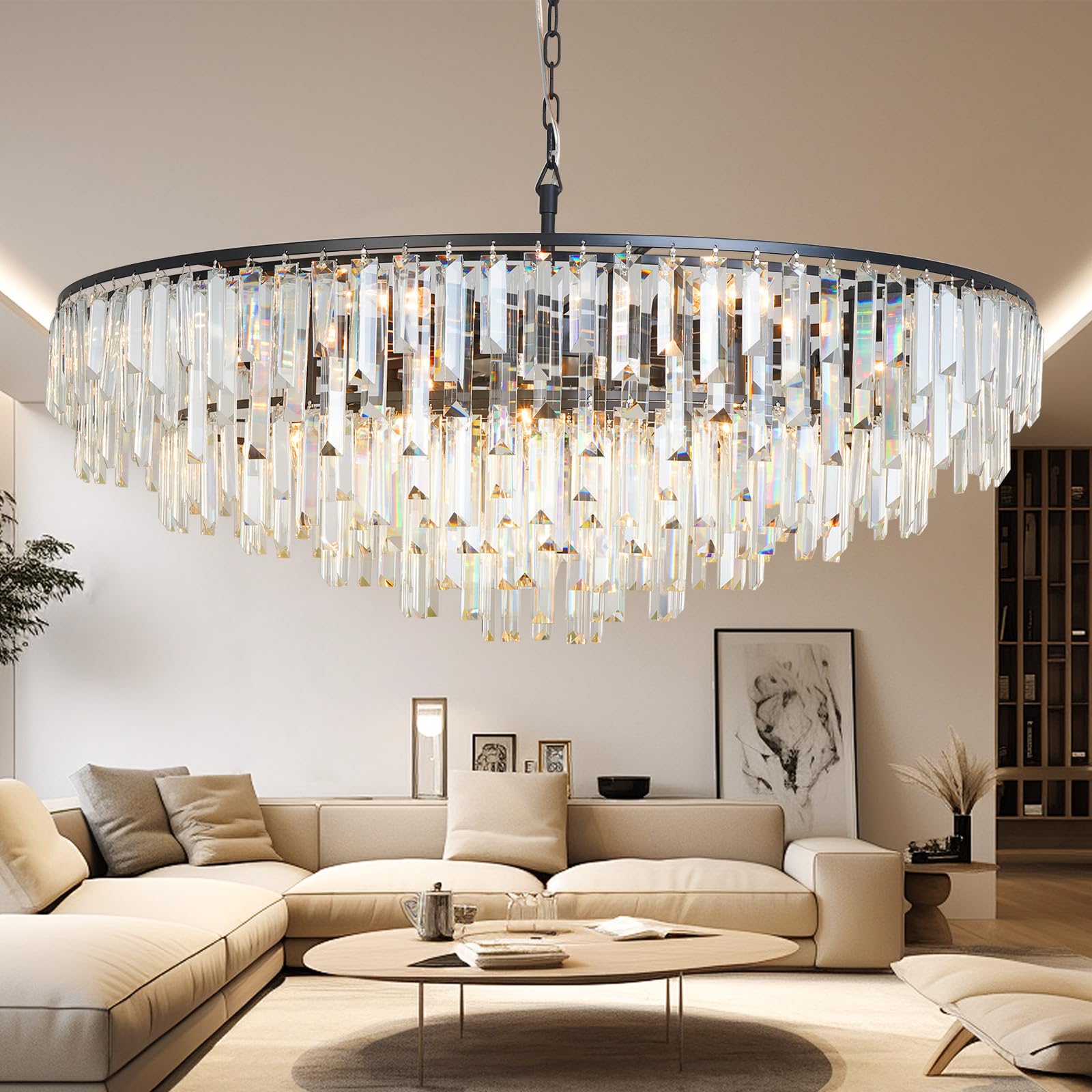 Photo 1 of ***FACTORY SEALED*** CHGUOSZ Black Modern Round Top K9 Crystal Chandelier Lighting Fixture, 17 Lights Round K9 Crystal Adjustable Hanging Lamp for Dining Room Bedroom Living Room,Hallway,Bar,Kitchen W39''