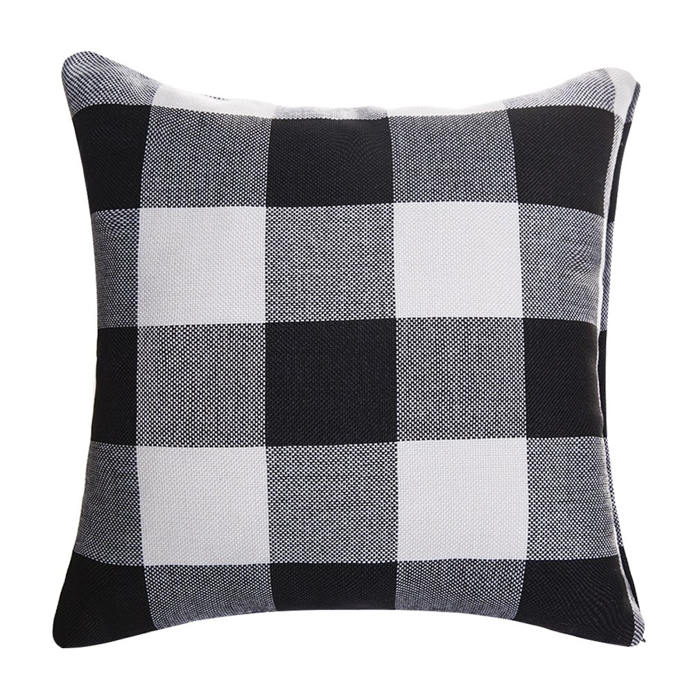 DR.NATURE Retro Checkers Plaids Farmhouse Tartan Soft Cotton Linen Home Easter Decoration Throw Pillow Covers Shams Cushion Cases Cover for Sofa,Single, 18x18 inches(45x45cm), Black/White