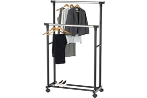 Simple Houseware Double Rods Clothing Rack on Wheels, Metal Rolling Garment Rack for Hanging Clothes, Black