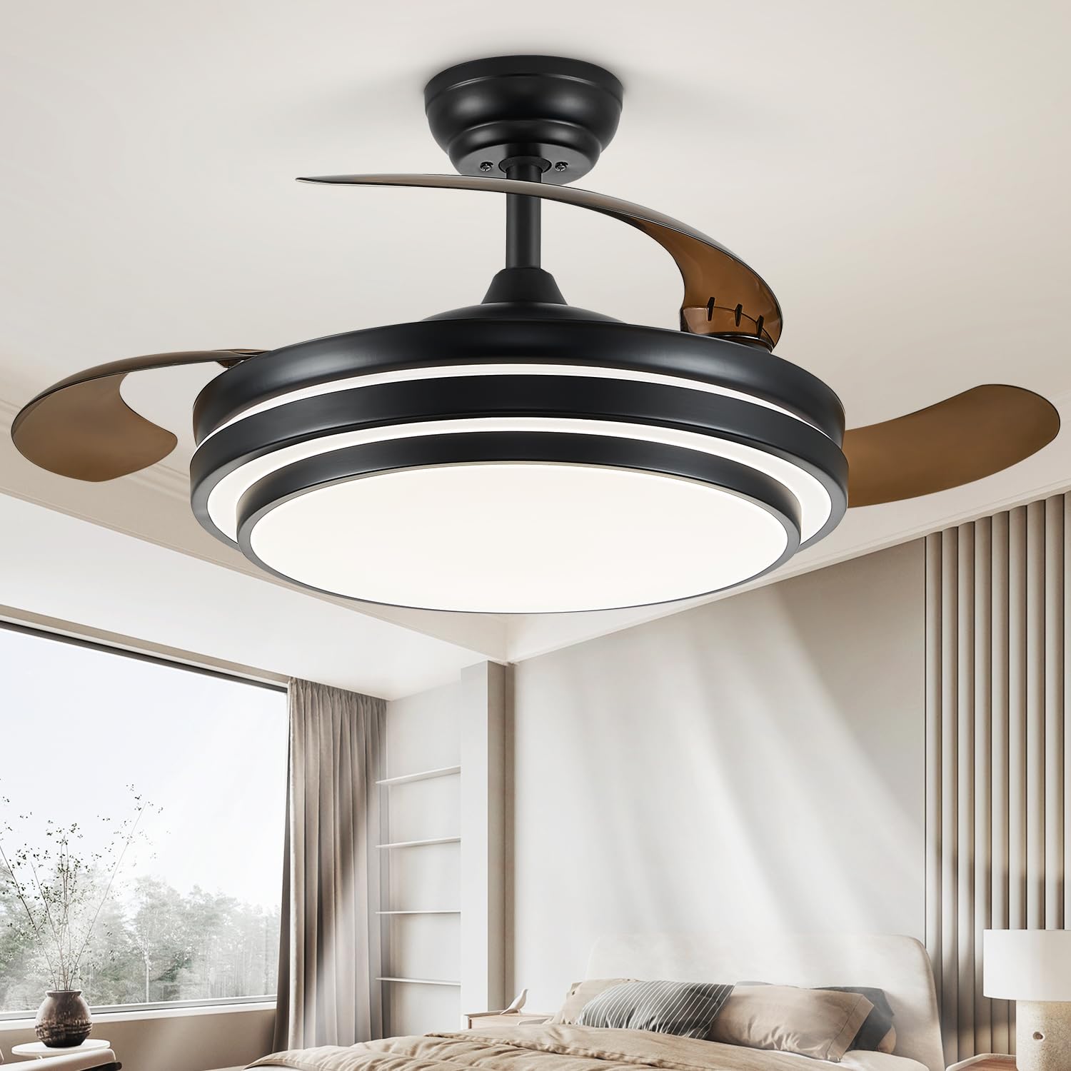Photo 1 of FIDGRA 48 Inch Fandelier Ceiling Fan with Light, Retractable Ceiling Fan with Lights for Bedroom Living Room Dinning Room, Chandelier with Fan 6 Speed, LED Dimmable-Black