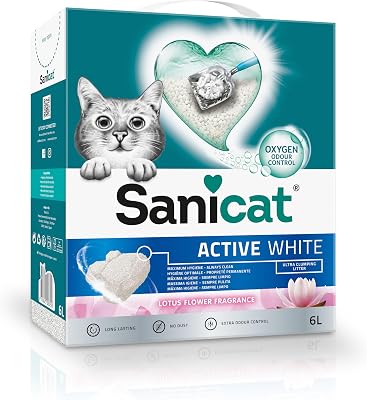 - Arena Aglomerante Active White con Flor de Loto, Hecha de minerales naturales con control de olor garantizado, Absorbe la humedad y facilita la limpieza, 6 L de capacidad