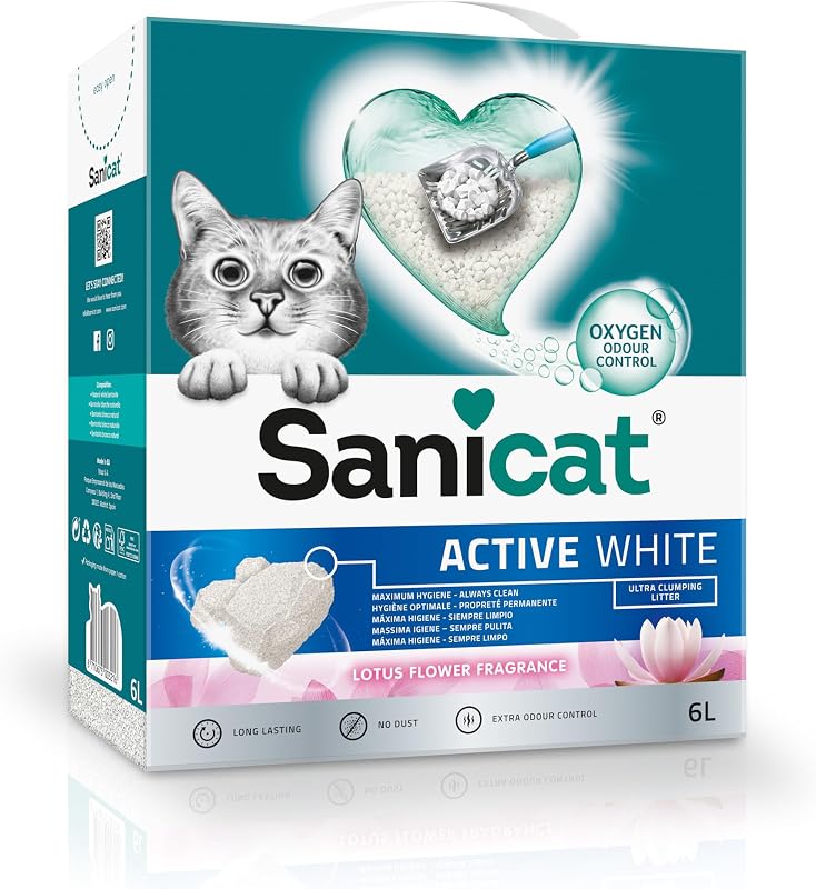 - Arena Aglomerante Active White con Flor de Loto, Hecha de minerales naturales con control de olor garantizado, Absorbe la humedad y facilita la limpieza, 6 L de capacidad