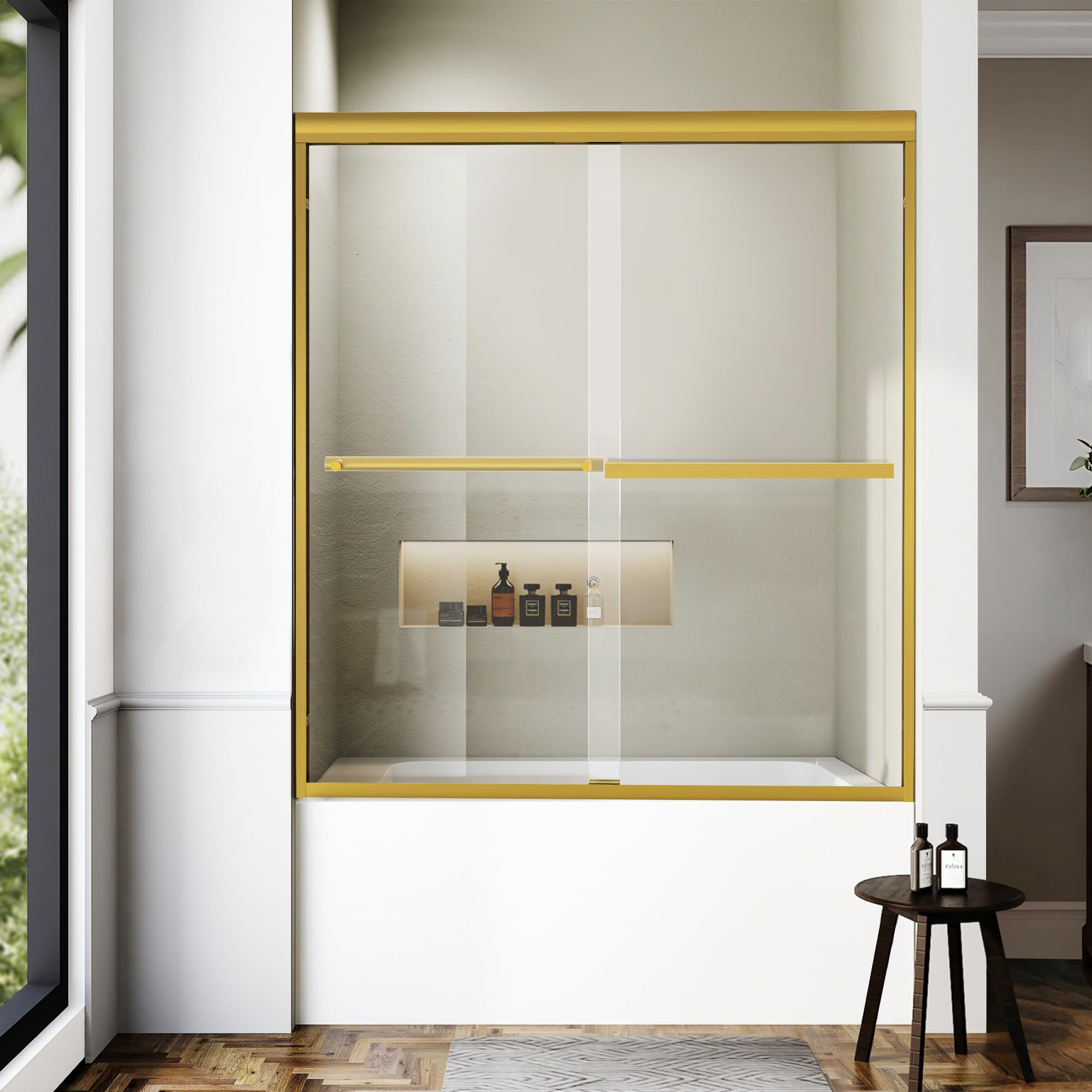 Photo 1 of ***FACTORY SEALED**OPENED FOR INSPECTION ONLY*Bathtub Shower Door, 56"-60" W×60" H Framed Double Sliding Glass Shower Door for Bathroom, 1/4"(6mm) Thick Clear Tempered Glass Door with Handles, Brushed Gold Finish