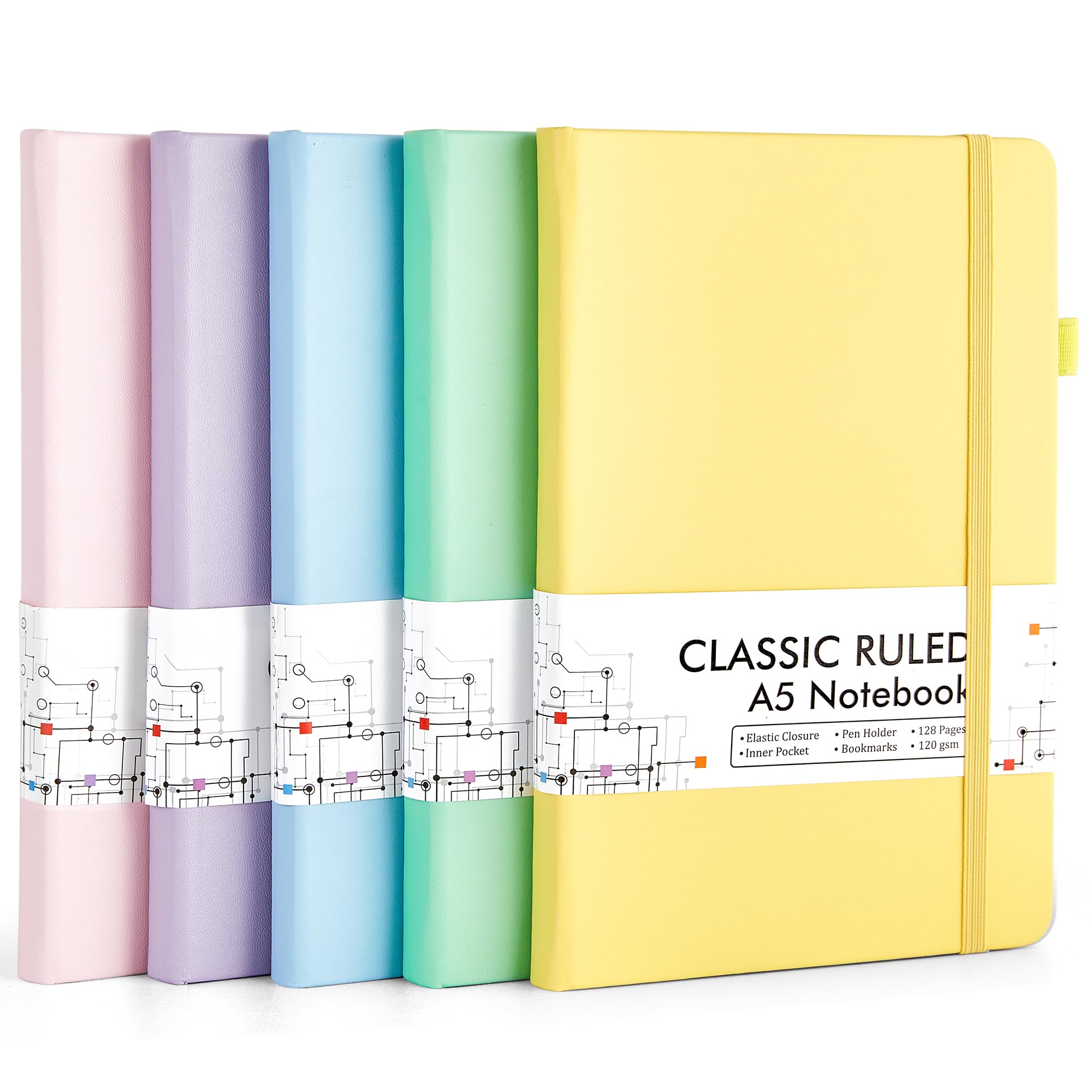 feela 5 Pack A5 Notebooks Multipack, Ruled Lined Notepads A5 (120 GSM), Hardback Journal Notebook with 5 Black Gel Pens for Work, Study, School, 128 Pages/Pack, 21 x 13 cm, Pastel Colours — image 1