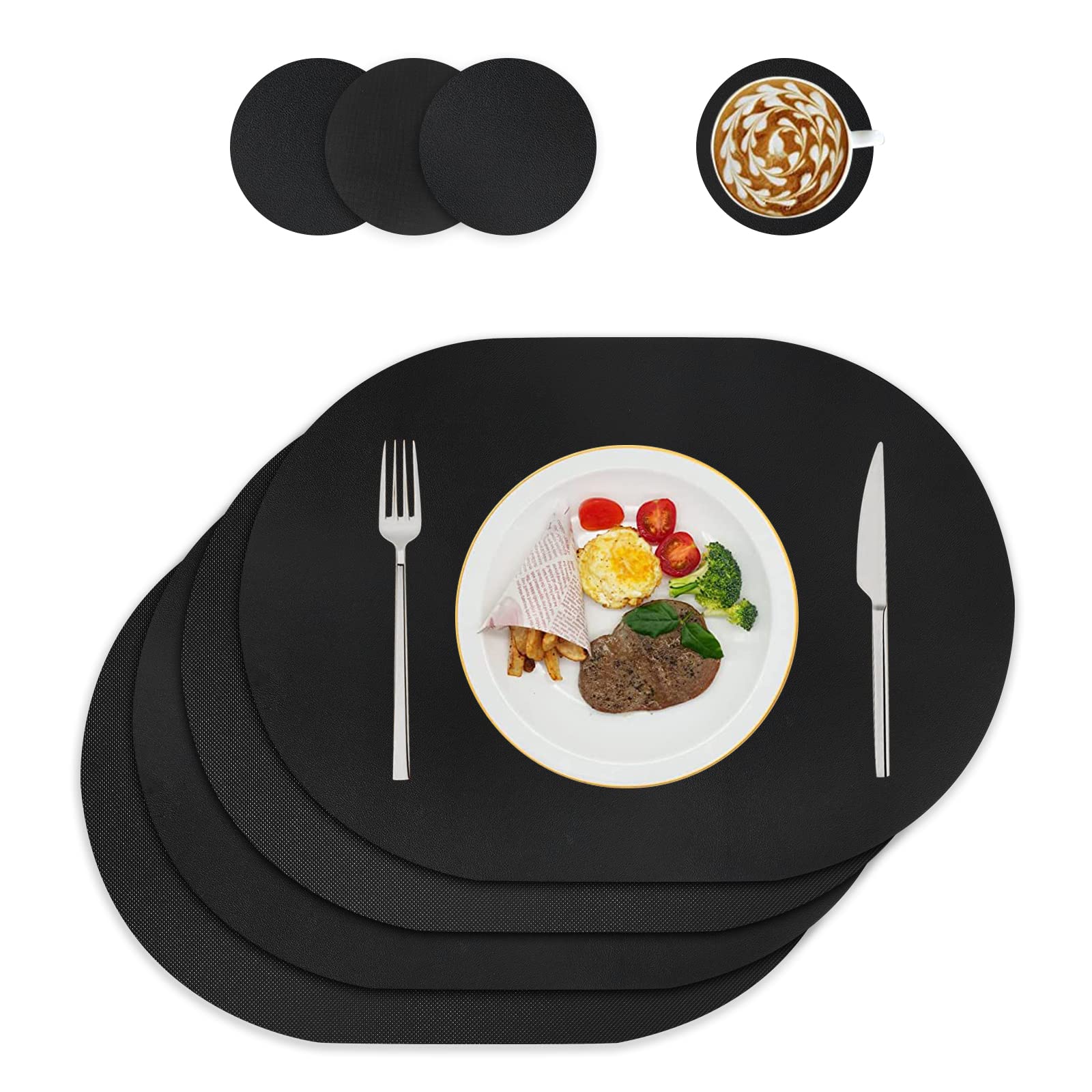 WAKOSAN Placemats and Coasters Made of Leather, Washable Place Mats, Washable, Table Decoration, Place Mat Washable Round, Place Mats for Kitchen Dining Table, Set of 4 (Oval, Black)