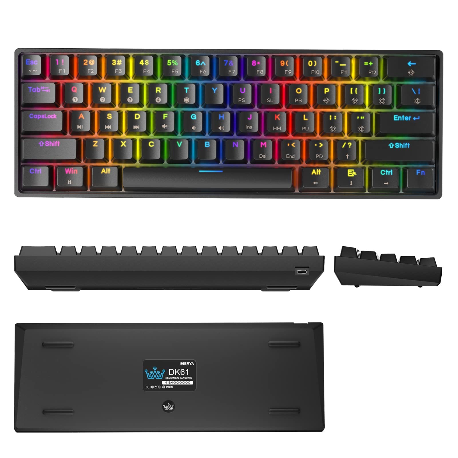 DIERYA DK61E 60% Mechanical Gaming Keyboard, RGB Backlit Wired PBT Keycap Waterproof Type-C Mini Compact 61 Keys Computer Keyboard with Full Keys Programmable (Gateron Optical Red Switch)