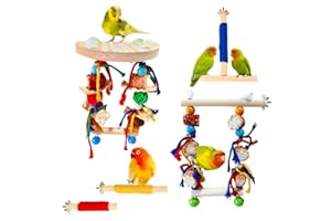 XLpeixin Bird Perches,Natural Wood Birds Stand Branch with Chew Toys,Parakeet Parrot Perch for Cage, Bird Cage Chew Toy & Hanging Toy for Cockatiels Lovebirds Budgies