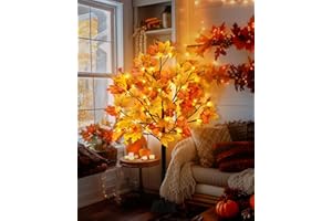 Uieke 4FT 48LED Lighted Fall Maple Tree Artificial Fall Tree with 12PCS Pine Cones Lights 8 Modes Thanksgiving Fall Decorations for Home Autumn Decor Indoor Outdoor