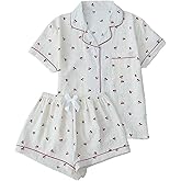SweatyRocks Women's Matching Pjs 2 Piece Cute Printed Short Sleeve Button Front Top with Shorts Pajama Set