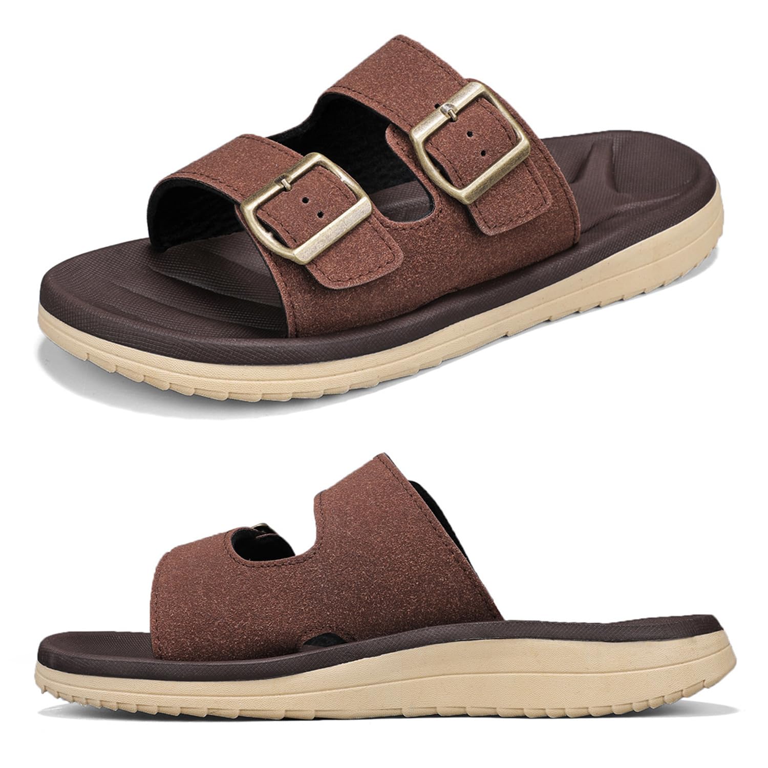 Photo 1 of Subbxre Mens Sandals Arch Support Comfortable Beach Slides with Adjustable Buckle Straps Slippers for Men (A2200-Brown-9.5)