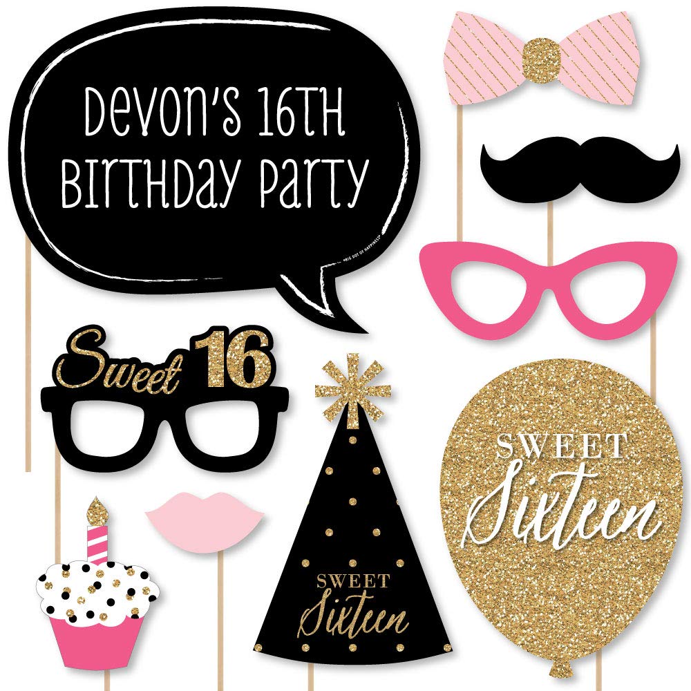 Big Dot of Happiness Custom Chic 16th Birthday - Pink, Black and Gold - Birthday Photo Booth Props Kit - Personalized Sixteen Birthday Party Decorations - 20 Selfie Props