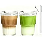 AFINSEA 13oz Iced Coffee Cups,4Pcs Glass Cups with Lids and Straws,Drinking Glasses Clear Ribbed Glassware,Reusable Tumbler Glass to Go Cup for Matcha, Iced Tea,Juice